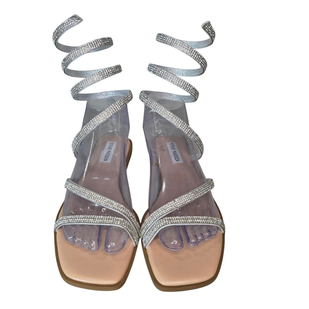 Steve Madden Azaria Womens 7.5 Silver Rhinestone Gladiator Flat Sandals